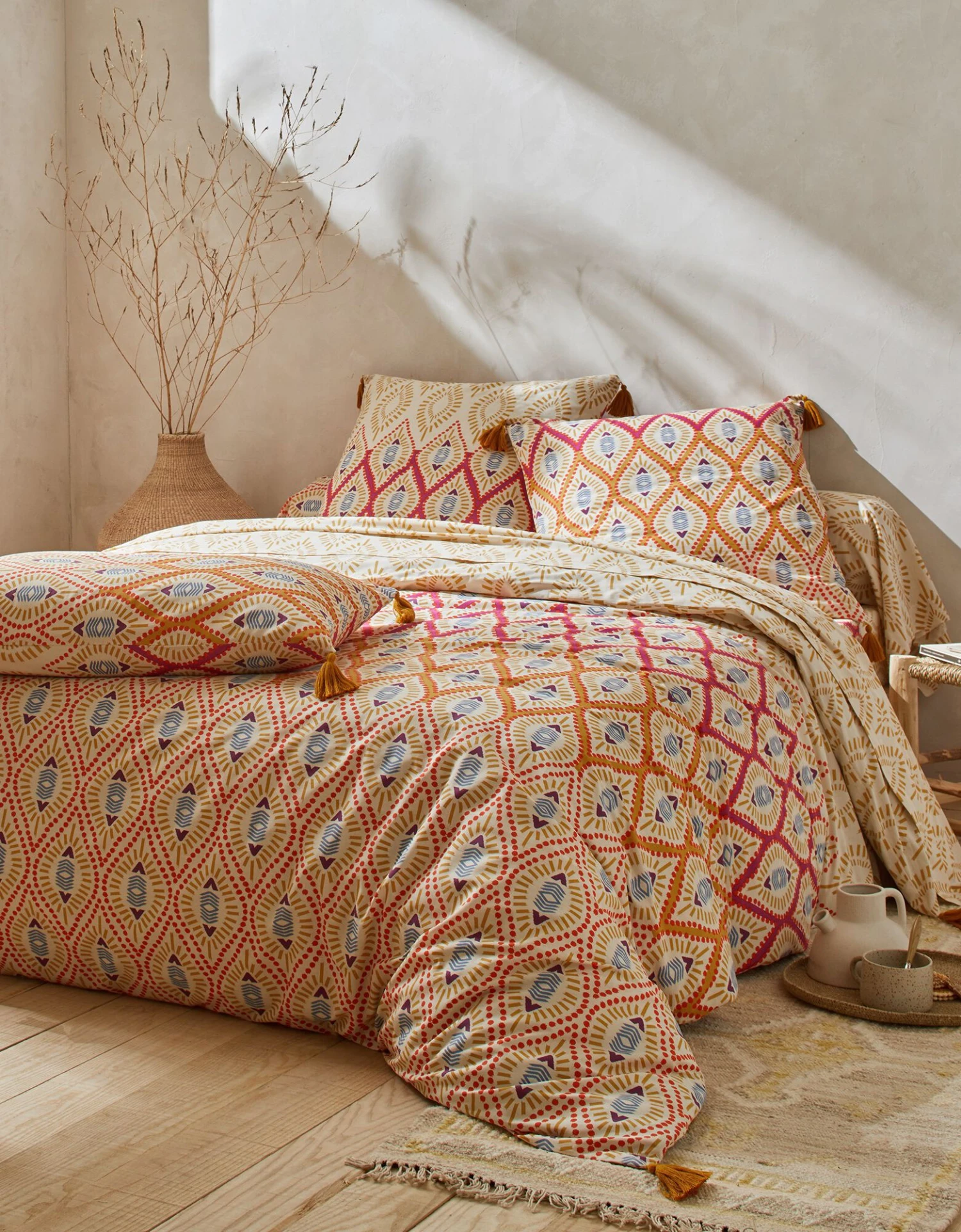 Linge De Lit Lina En Coton Imprimé Finition Pompons 1 Linge De Lit Lina En Coton Imprimé Finition Pompons