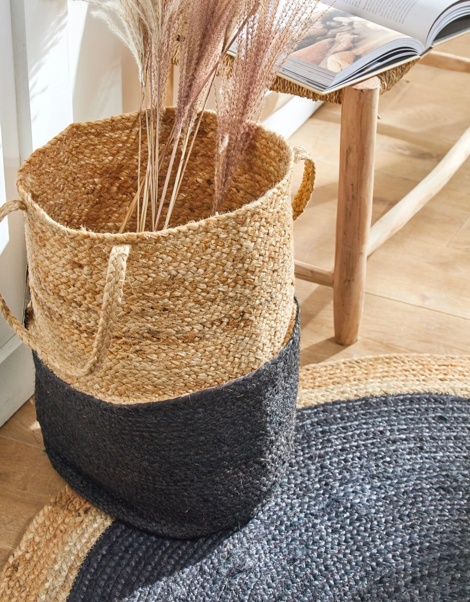 Panier Jute Tressé Naturel / Noir 2 Panier Jute Tressé Naturel / Noir – Image 2