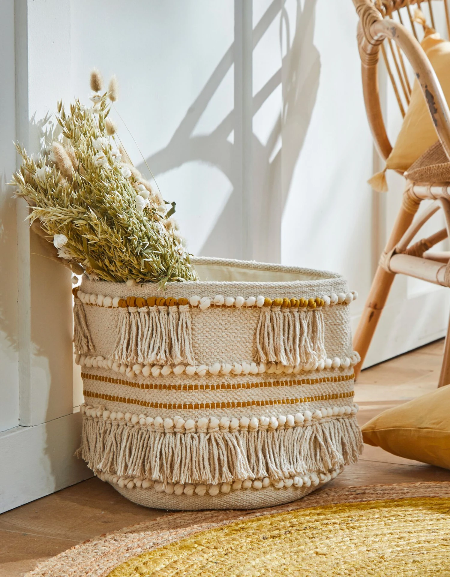 Panier Tissé Coton Blanc Cassé / Moutarde 1 Panier Tissé Coton Blanc Cassé / Moutarde