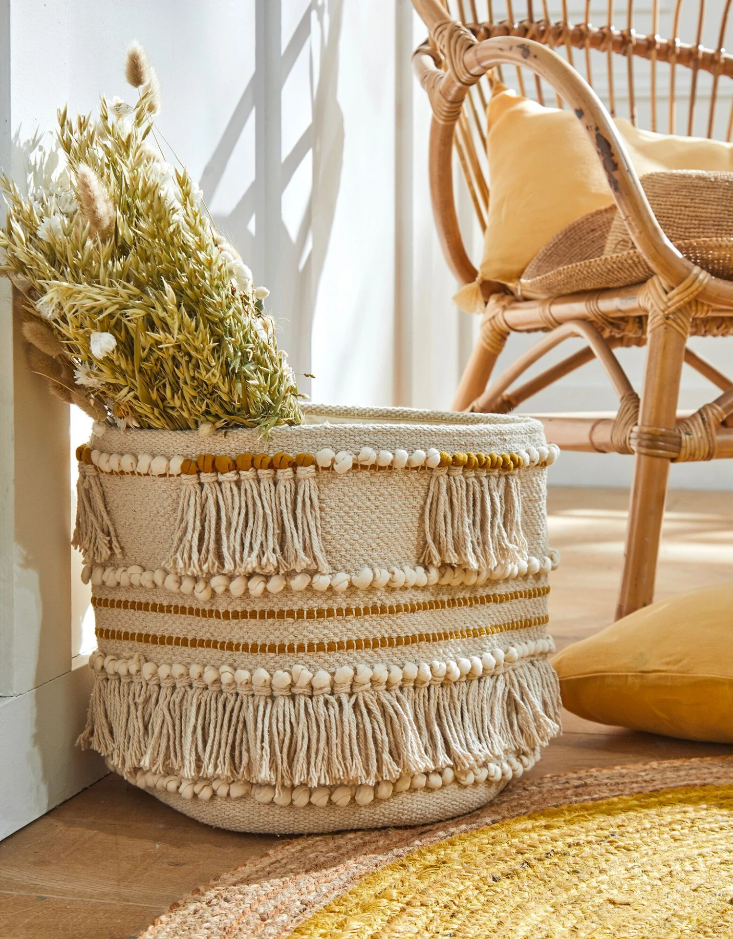 Panier Tissé Coton Blanc Cassé / Moutarde 2 Panier Tissé Coton Blanc Cassé / Moutarde – Image 2