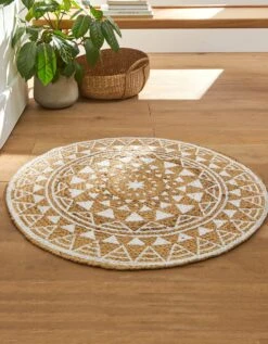 Tapis Rond En Jute Imprimé Blanc