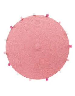 Tapis Rond Finition Pompons Rose