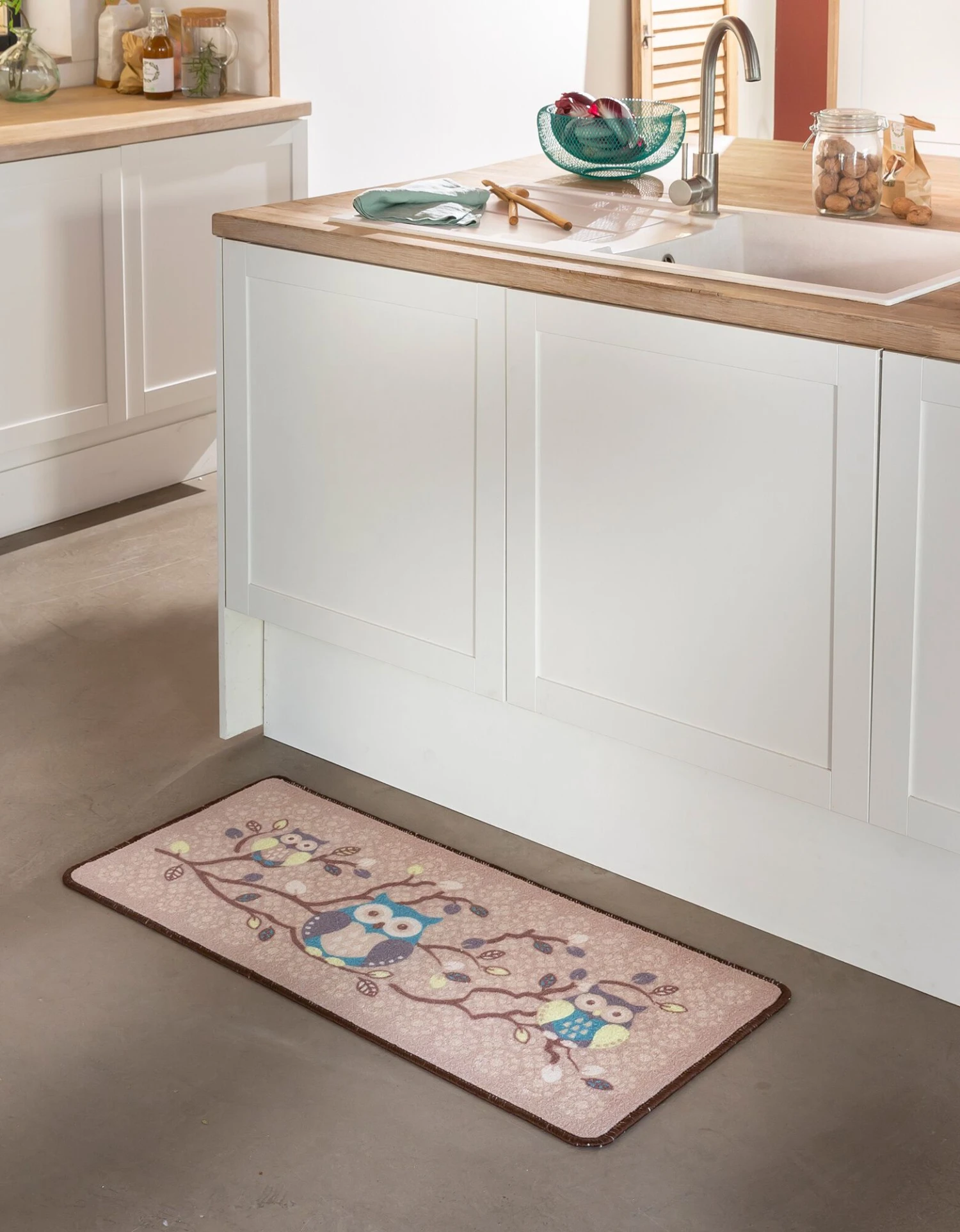 Tapis Cuisine Beige Imprimé Chouettes 2 Tapis Cuisine Beige Imprimé Chouettes – Image 2