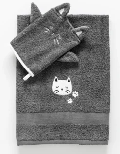 Collection éponge Enfant Brodée Chat Coton - 380 G/m2