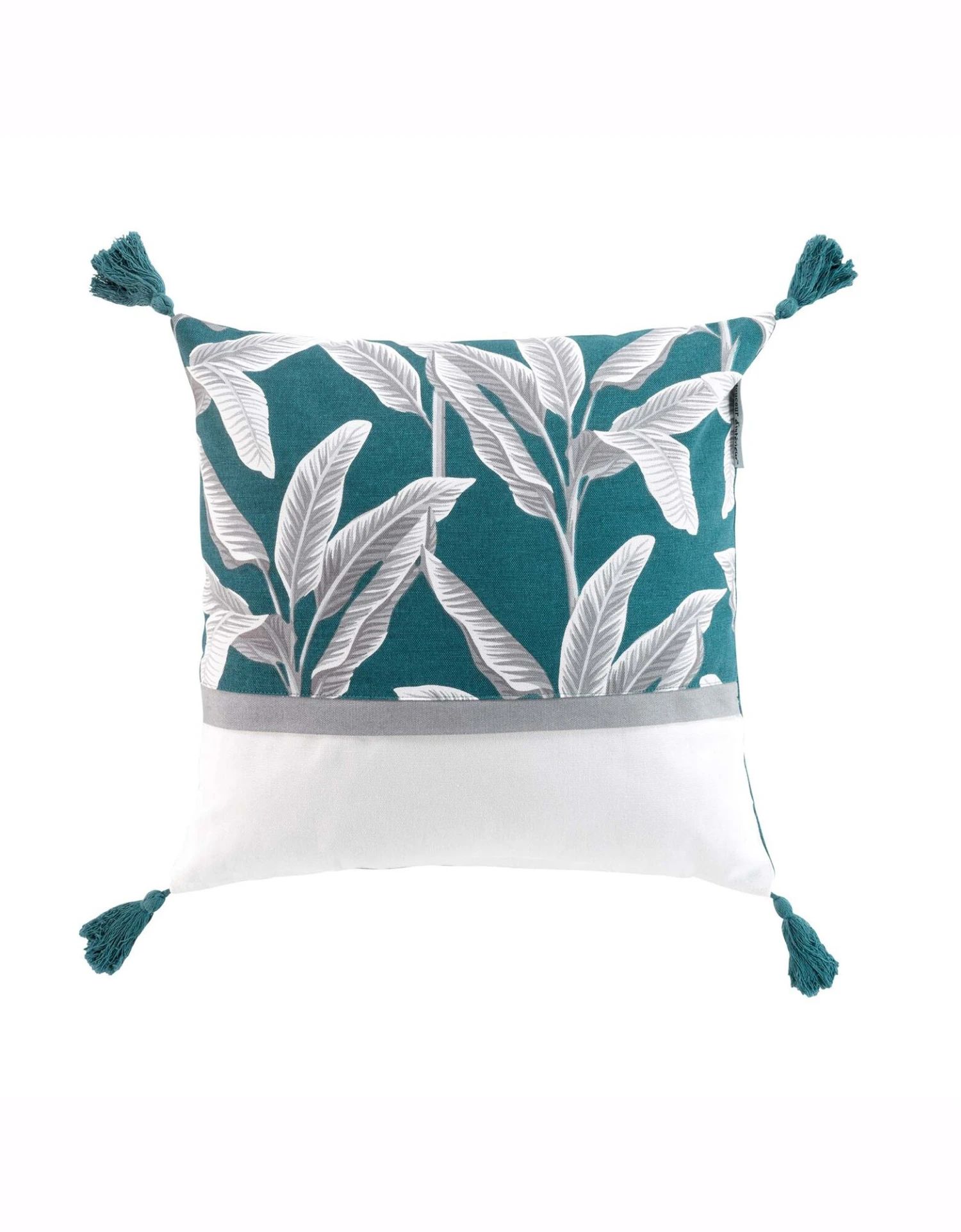 Coussin Bicolore Imprimé Feuillage Pompons 1 Coussin Bicolore Imprimé Feuillage Pompons